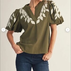 JODIFL (Anthropology) Green Embroidered Blouse with Cream Leaf Detail